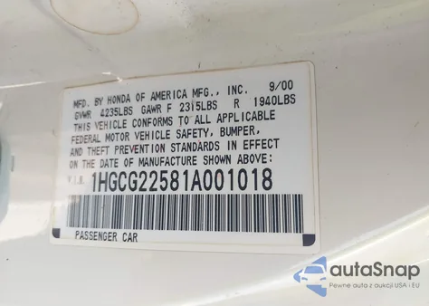 2001 Honda Accord 3.0 Ex z USA, uszkodzony, nr VIN 1HGCG22581A001018